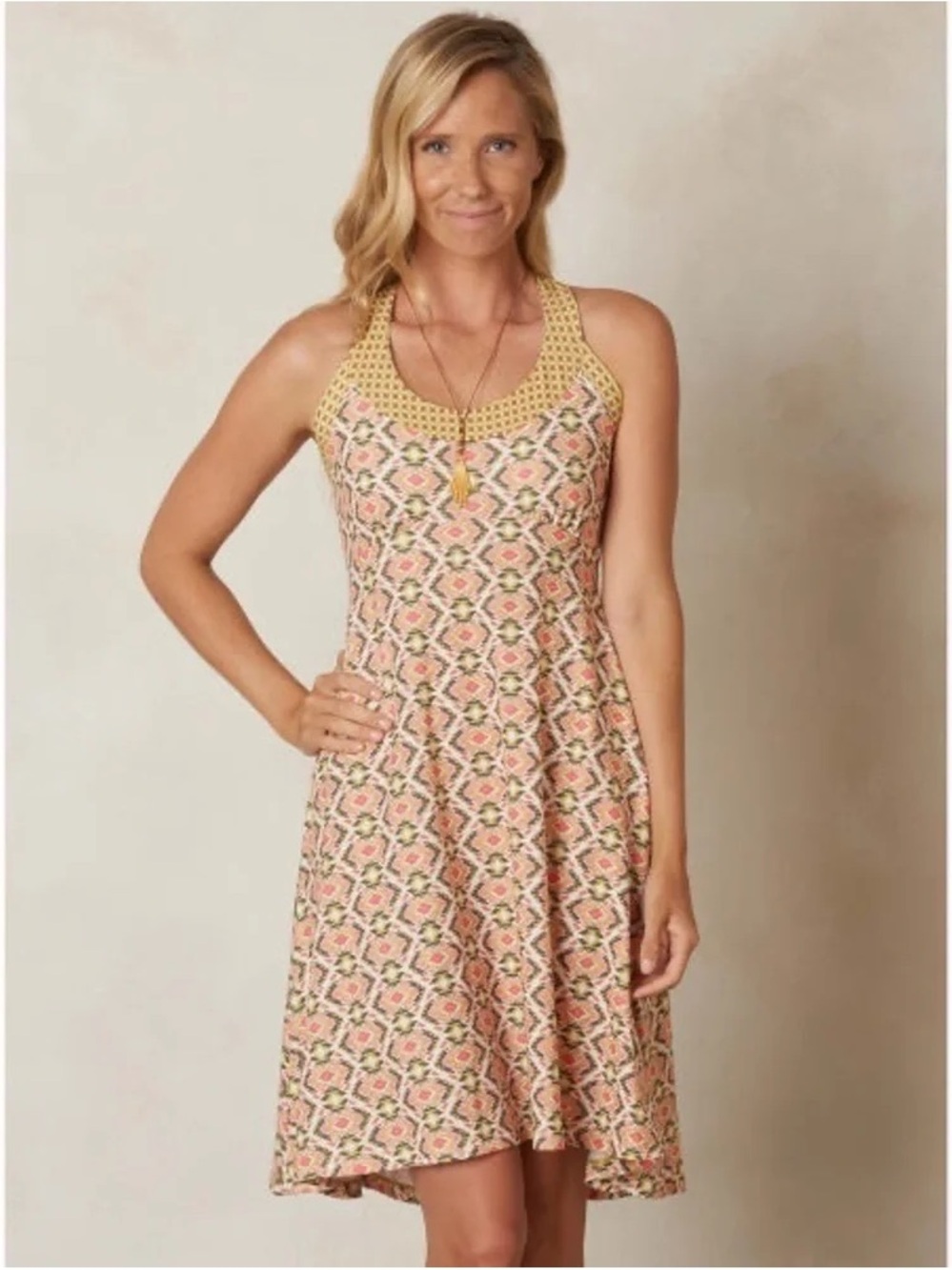 prAna Cali Dress in the Safari Guava geometric print